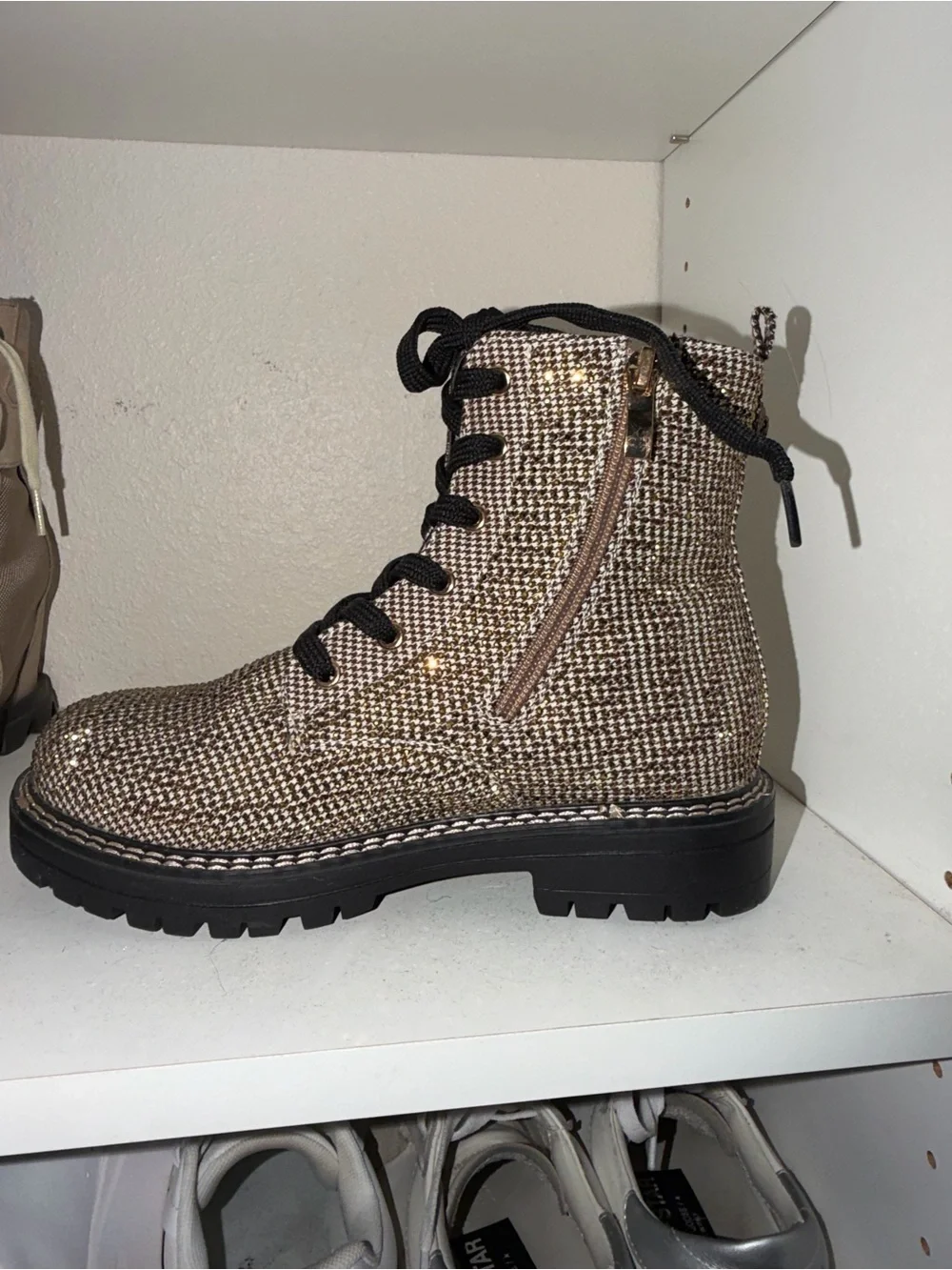 Kurt Geiger Woven Knit Lace-Up Boots in Black and Tan